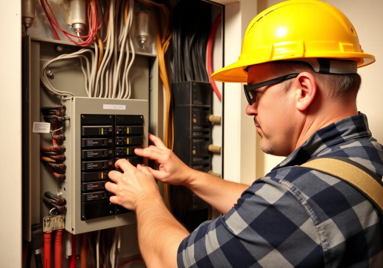 Licensed electrician working on a residential breaker panel